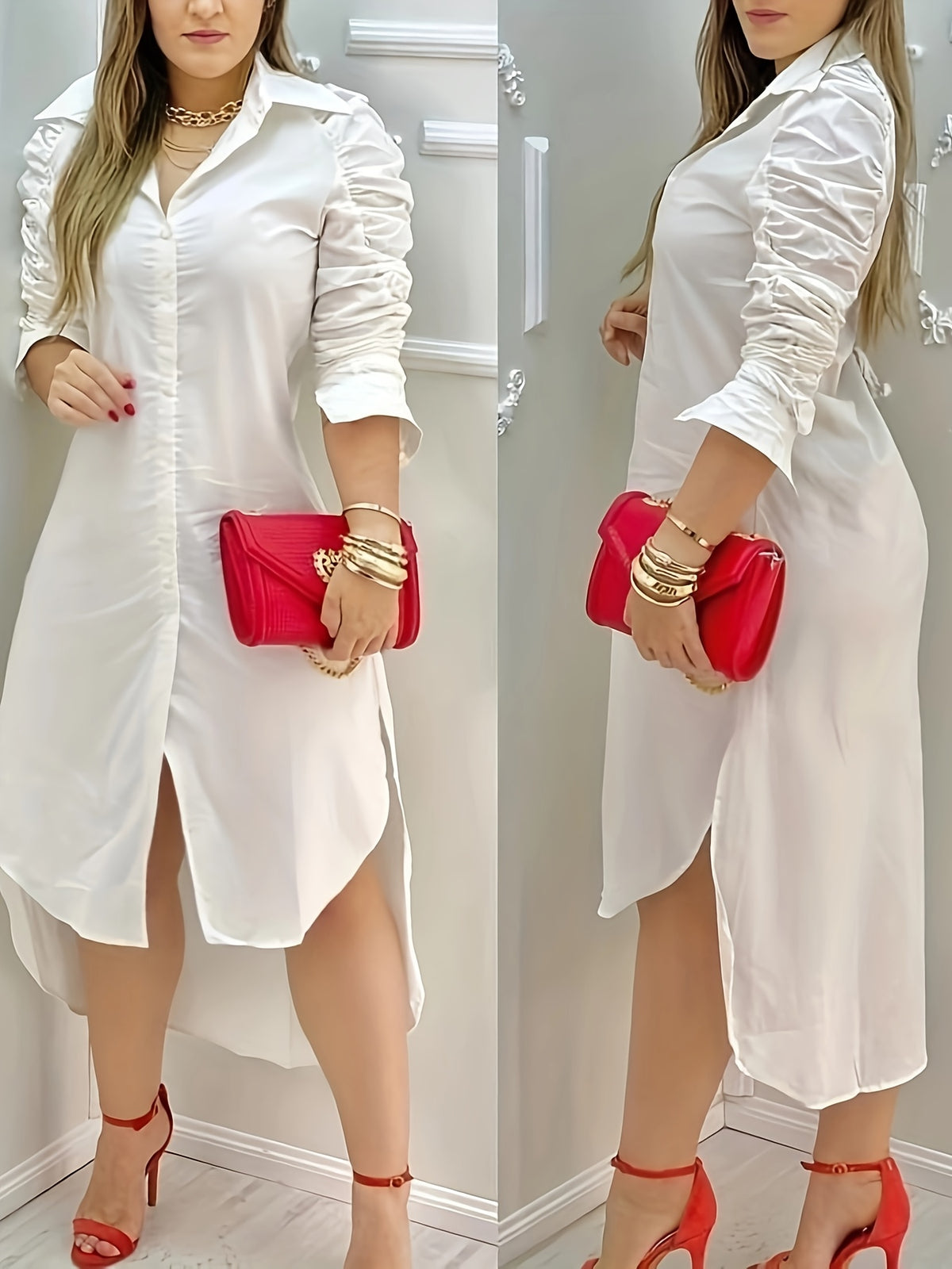 Elegant White Button-Up Shirt Dress with Ruffled Sleeves and Side Slit - Perfect for Spring/Summer, Casual to Formal Wear, Casual Attire|Ruffled Sleeve Dress|Sophisticated Style