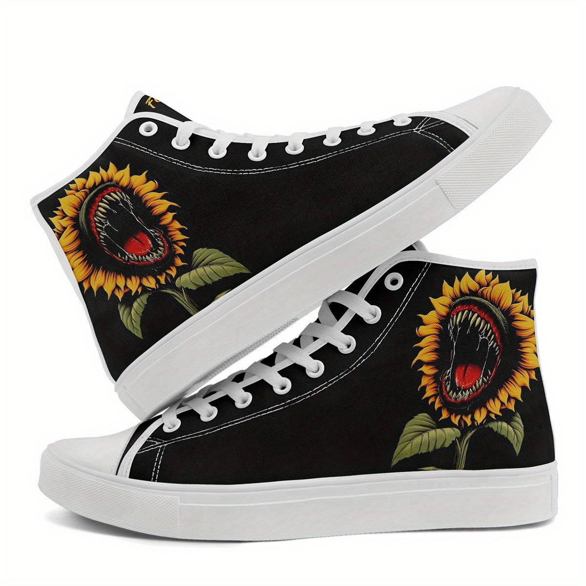 Men's PLUS SIZE Funny Sunflower High-Top Sneakers, Gothic Skull Print Punk Shoes, Casual Lace-Up Trainers for Streetwear and Daily Wear