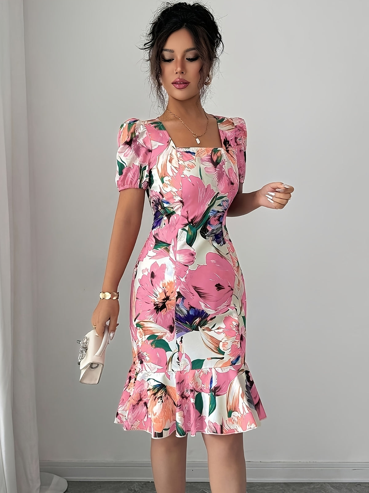 Elegant Square Neck Puff Sleeve Cinched Waist Ruffled Retro Vacation Floral Dress