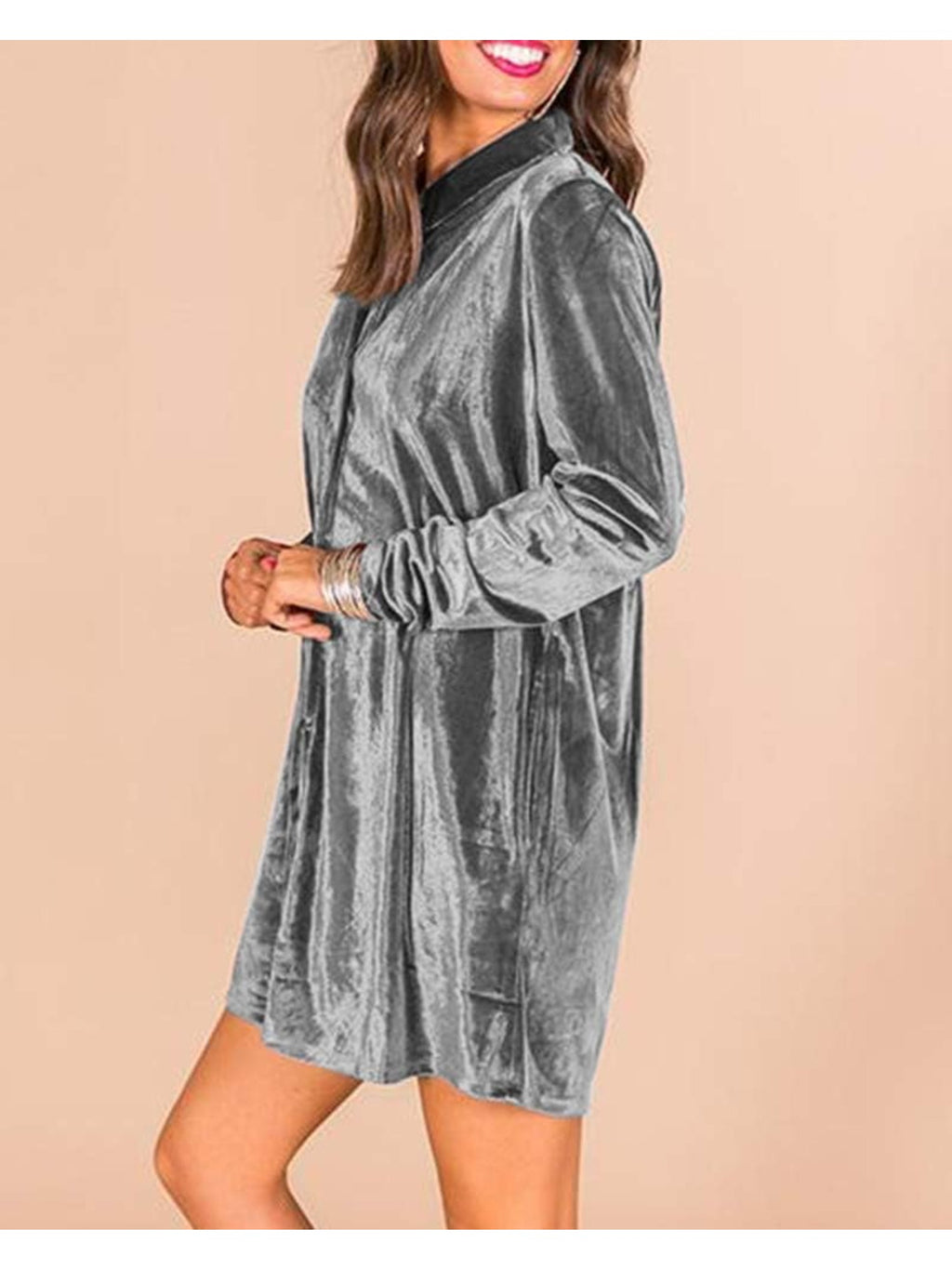 Women's Elegant Lapel Collar Button- Dress - Mini Length Long Sleeve Solid Color Tunic Top Dress Suitable for Parties, Office & Semi-Formal Events