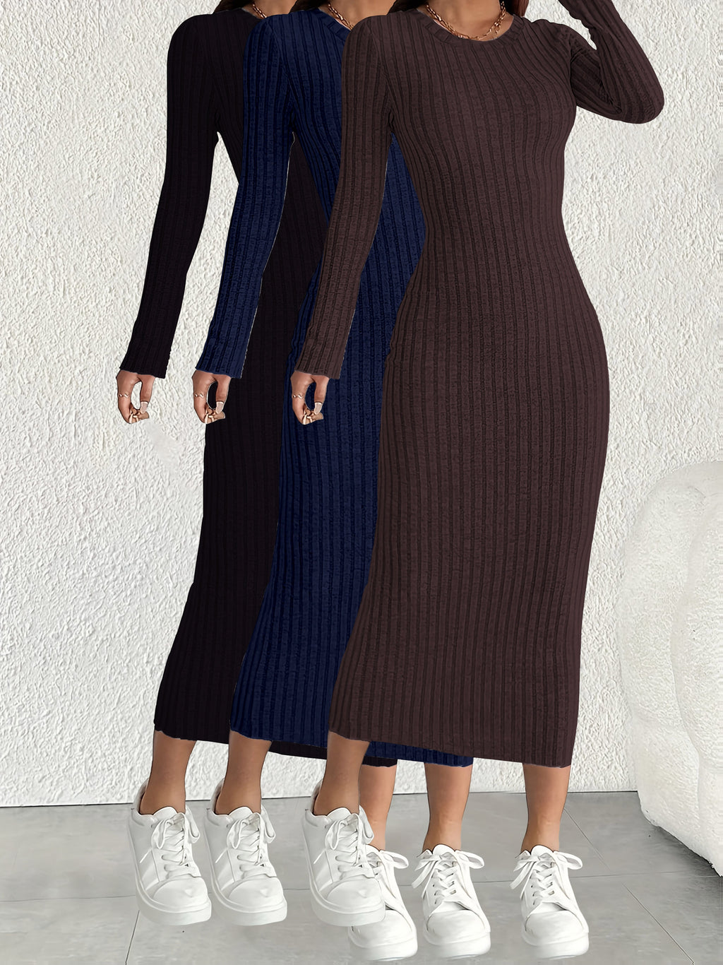 3pcs Solid Color Long Sleeve Ribbed Pullover Dress for Women