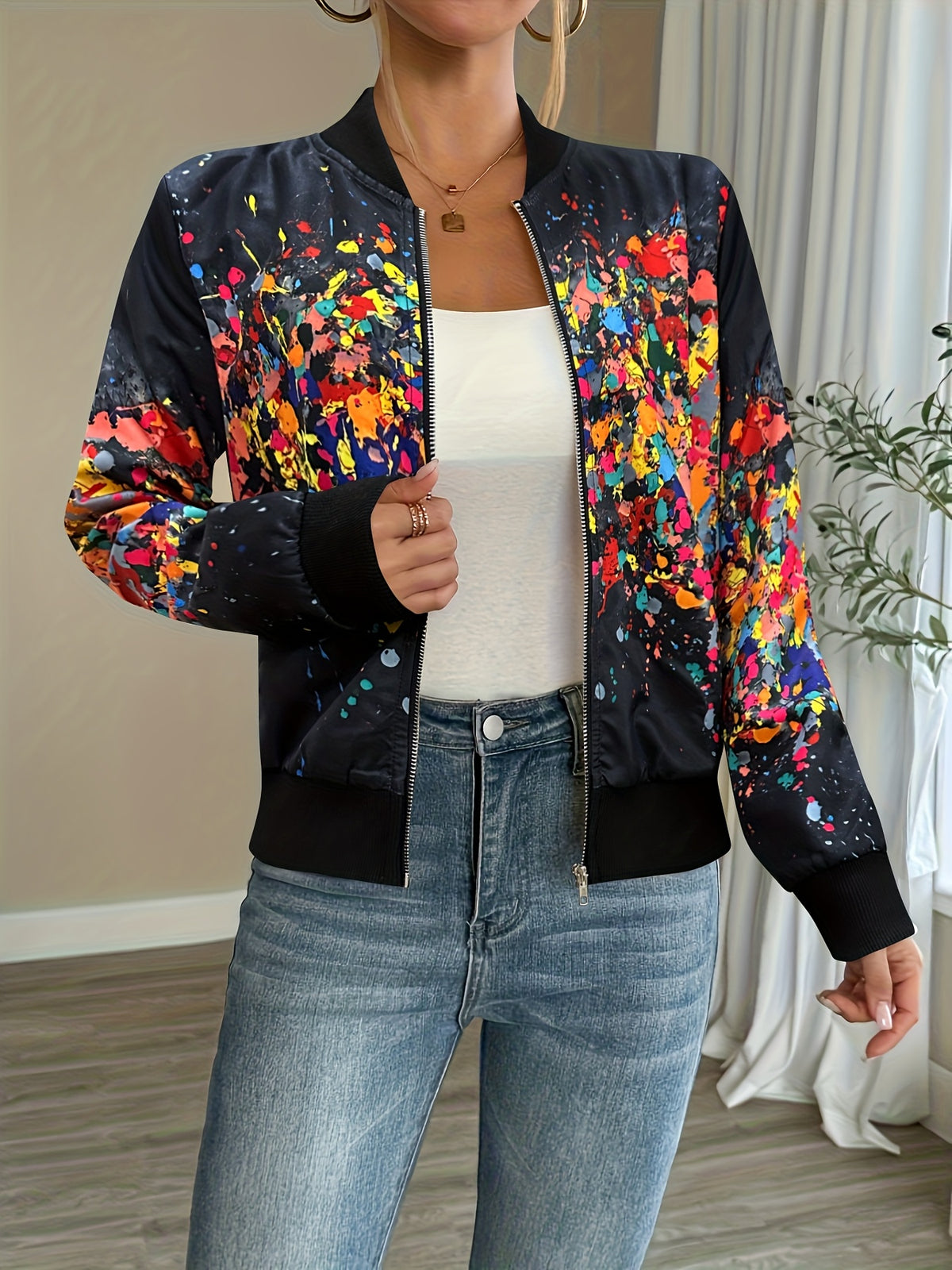 Women'S Lightweight Casual Jacket - Vibrant Tie-Dye Print, Stand Collar, Zip-Up, Long Sleeve, Perfect for Spring/Fall, Spring Jacket | Vibrant Print Jacket | Zippered Jacket