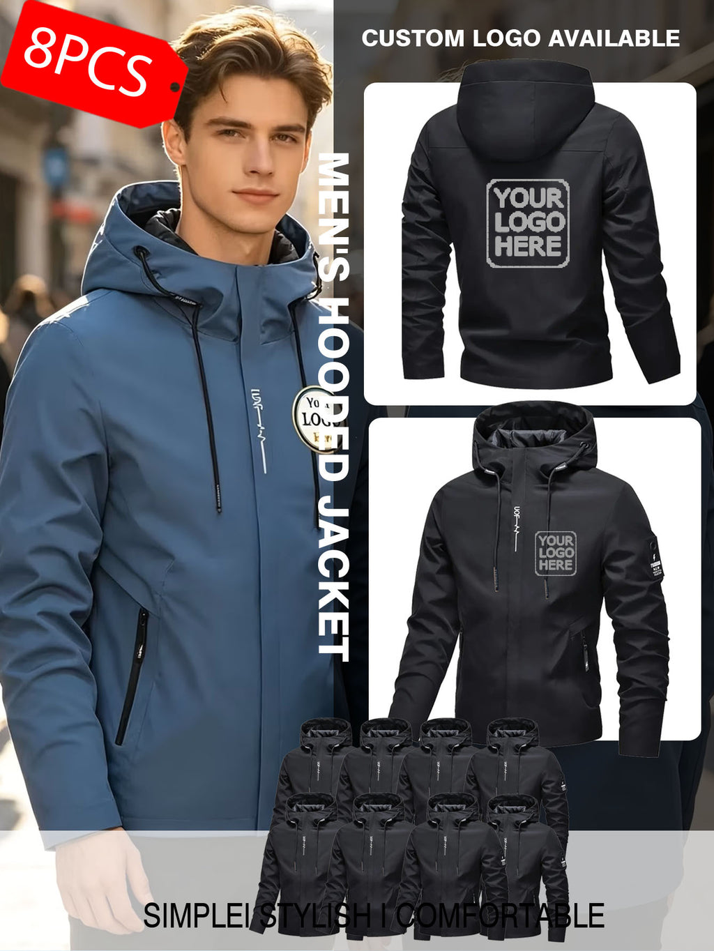 8pcs Men'S And Women'S Customizable Outerwear - Upload Logo/Text/Image