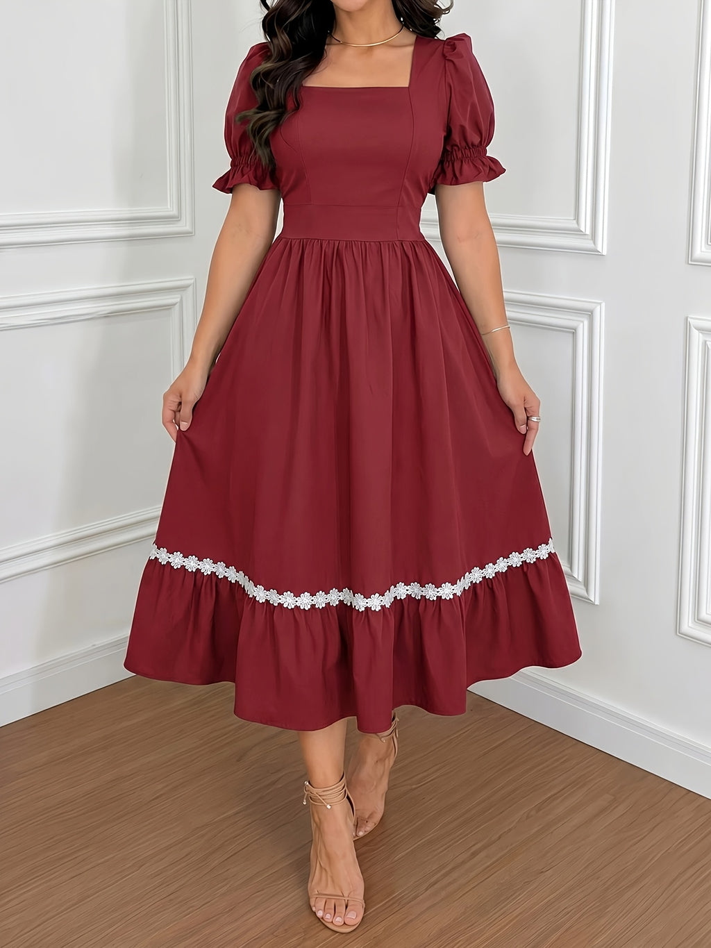 Women's Ombre Color Casual Elegant Vacation Wrap-Front Waist-Cinching A-Line Lace Trim Dress