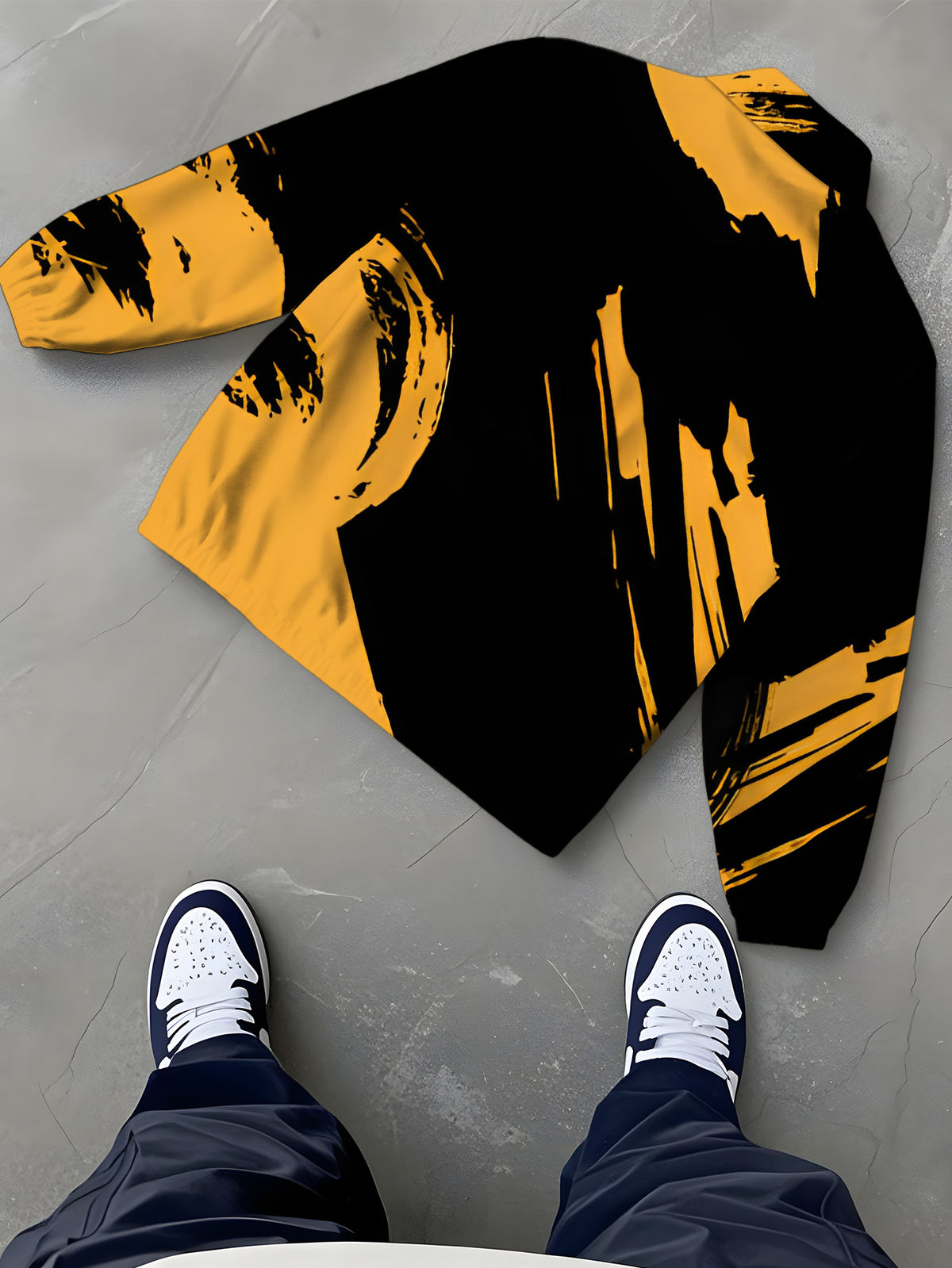 New Men's Lapel Jacket Outerwear, Trendy Brand Fashion Men's Outdoor Jacket, Loose and Comfortable Black and Yellow Color Scheme, Abstract Style, Digital Print, Regular Versatile Short Workwear Jacket for Men