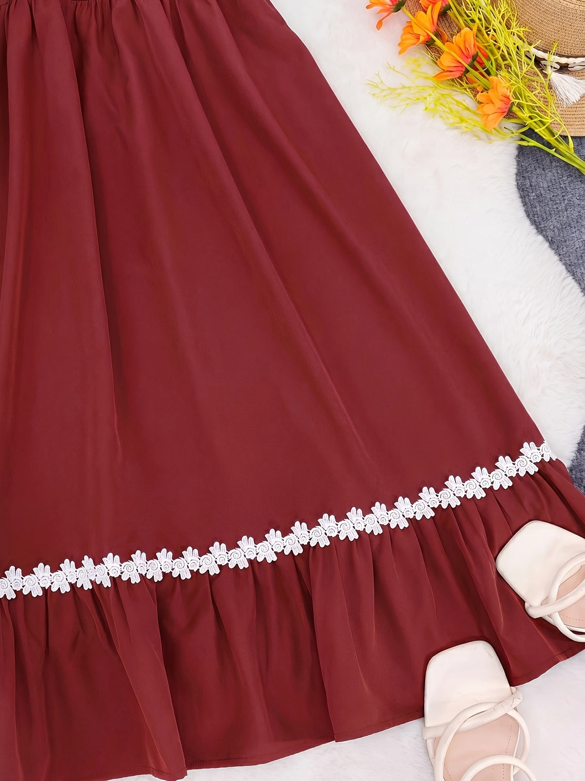Women's Ombre Color Casual Elegant Vacation Wrap-Front Waist-Cinching A-Line Lace Trim Dress