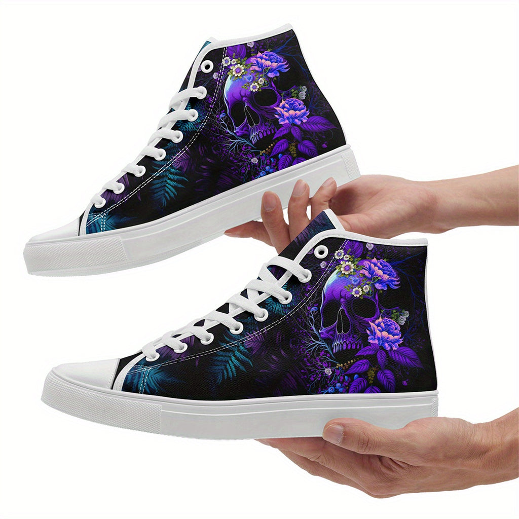 Men's Gothic High-Top Sneakers • Purple Skull Design Gothic Streetwear Shoes • Casual Fashion Lace-Up Trainers • Men's Punk Trendy Shoes