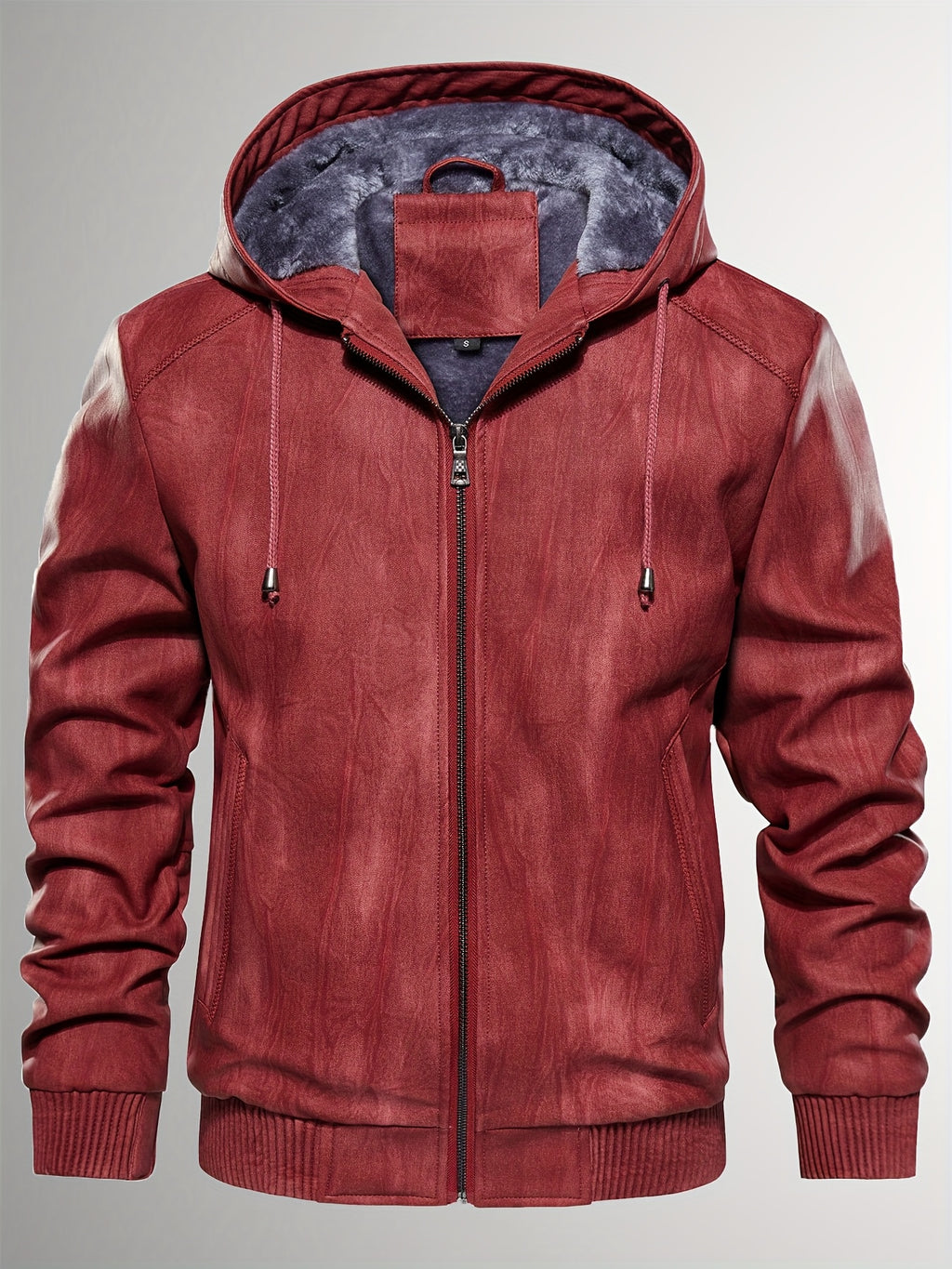 Men's Sherpa Lined PU Leather Jacket Warm Winter Hooded Motorcycle Jacket High Quality And Windproof Leather Biker Jacket Drawstring