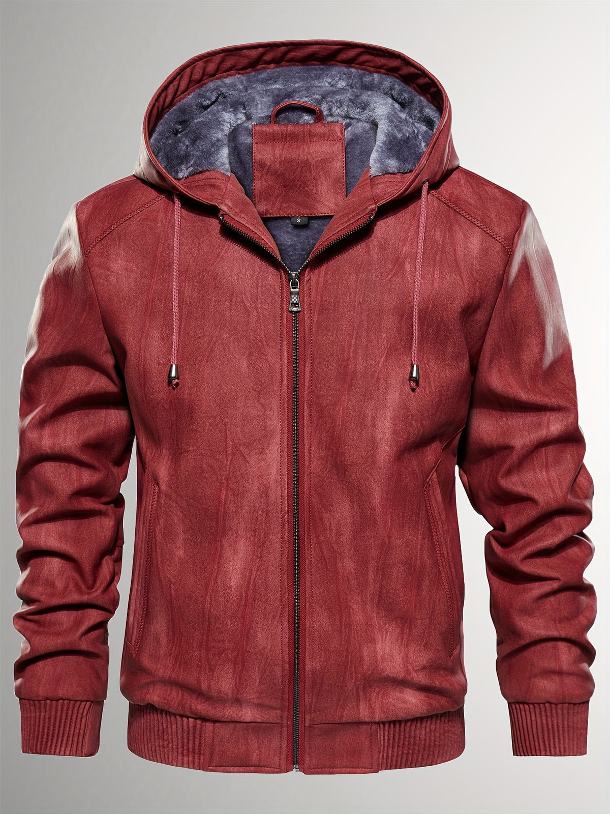 Men's Sherpa Lined PU Leather Jacket Warm Winter Hooded Motorcycle Jacket High Quality And Windproof Leather Biker Jacket Drawstring