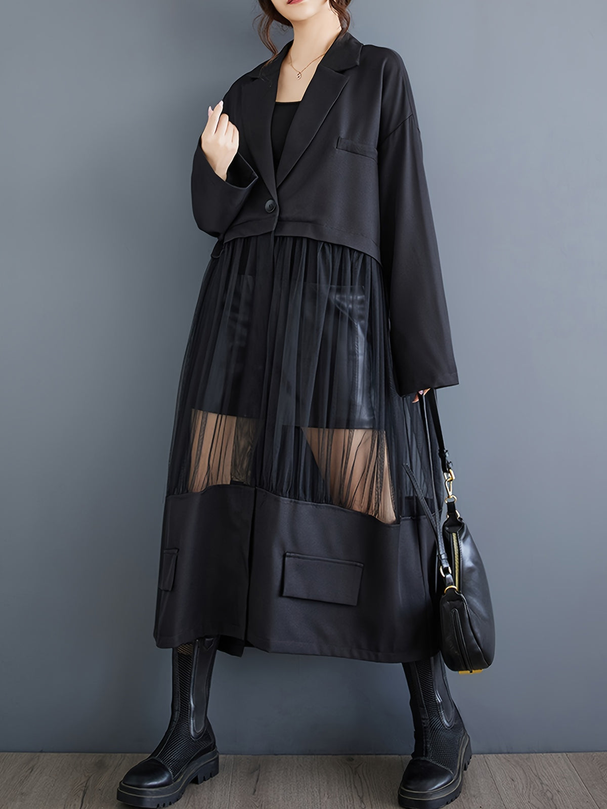 Medium-Long Stylish Spliced Suit Mesh Hollow Long-Sleeved Slim-Fit Jacket Retro Solid Color Outerwear Spliced Trench Coat