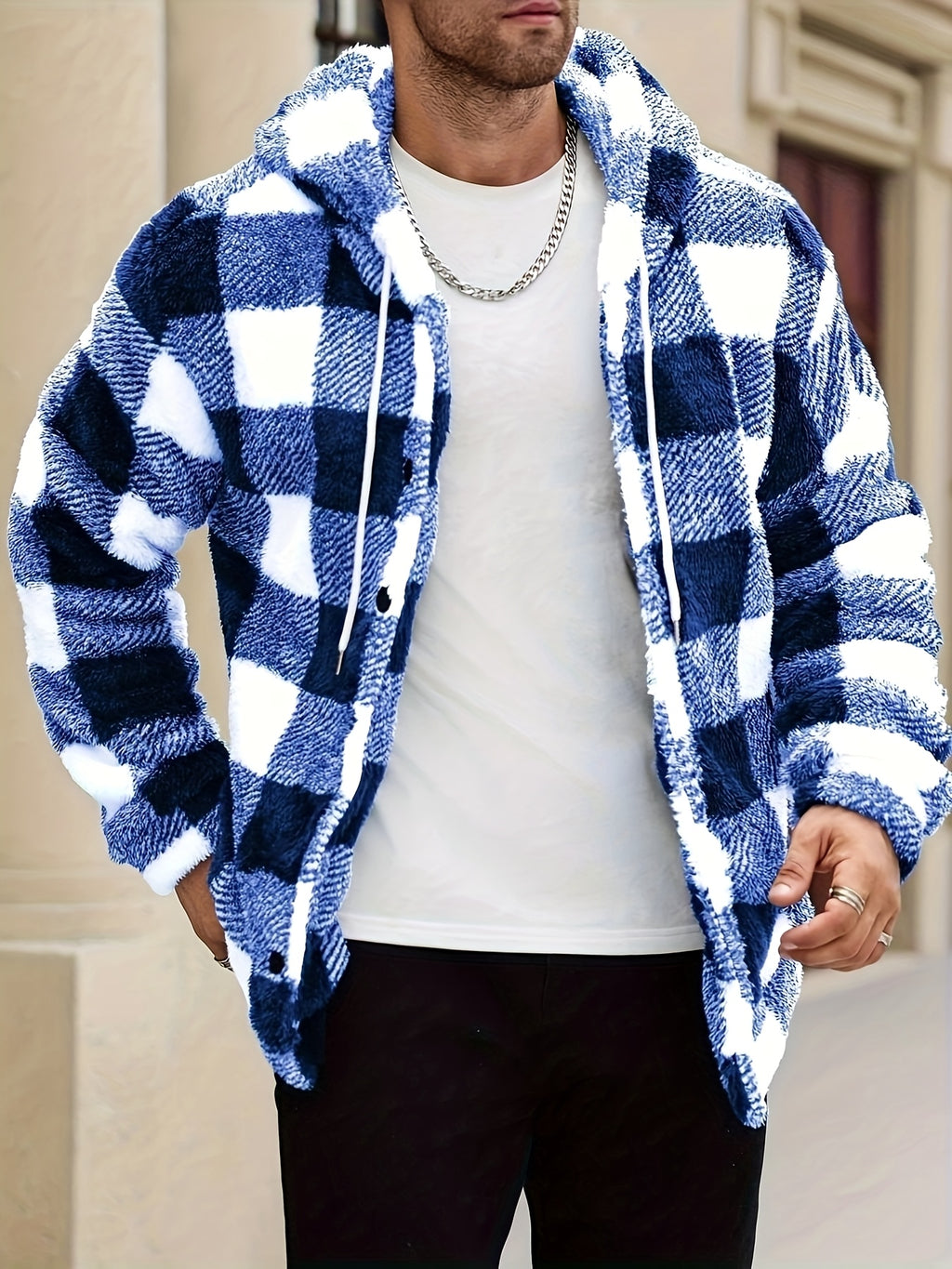 Men's Plaid Print Thermal Lined Hooded Long-Sleeve Casual Short Top, Autumn/Winter Flannel Short Top for Outings, a Gift for Friends, Husbands, or Boyfriends