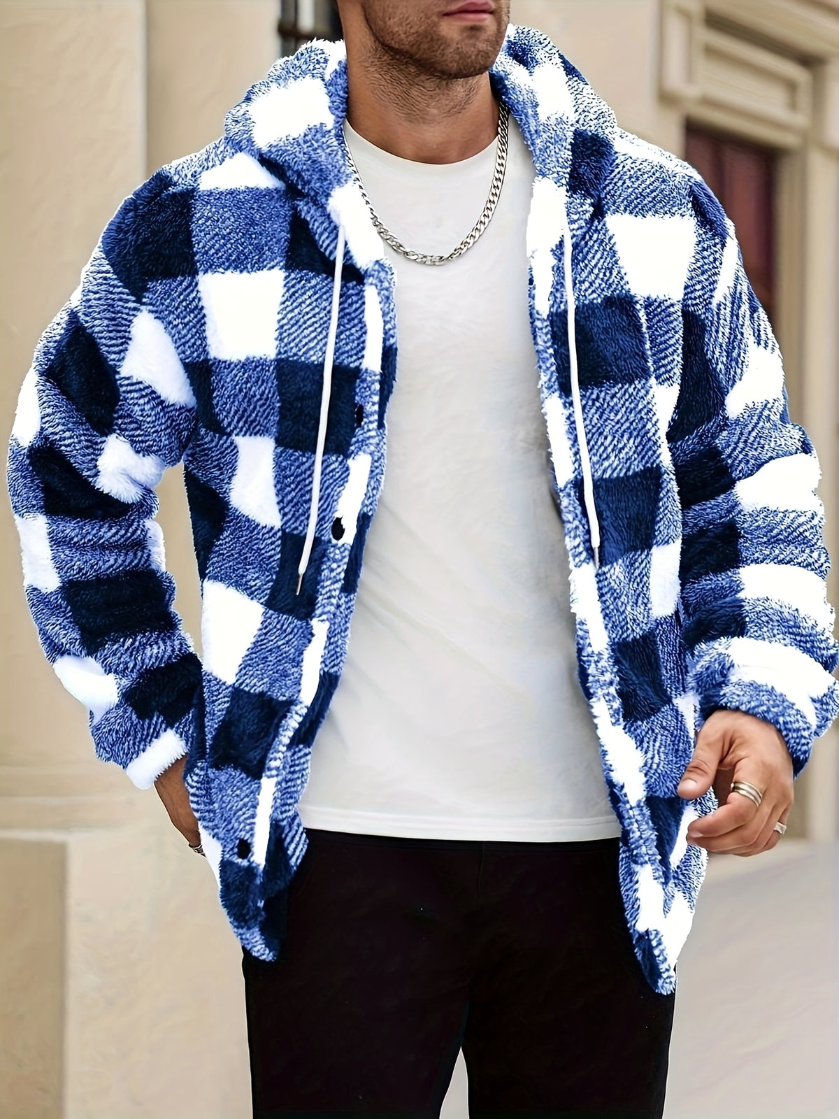 Men's Plaid Print Thermal Lined Hooded Long-Sleeve Casual Short Top, Autumn/Winter Flannel Short Top for Outings, a Gift for Friends, Husbands, or Boyfriends