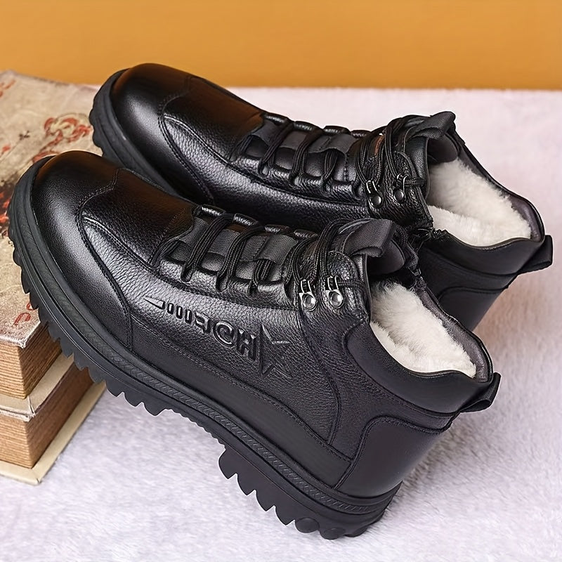 Men's Genuine Leather Casual Fashion Snow Boots, High-Top Lined Warm Snow Boots for Middle-Aged and Elderly Fathers, Model 6388