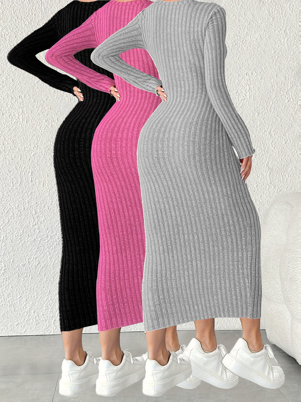3pcs Solid Color Long Sleeve Ribbed Pullover Dress for Women