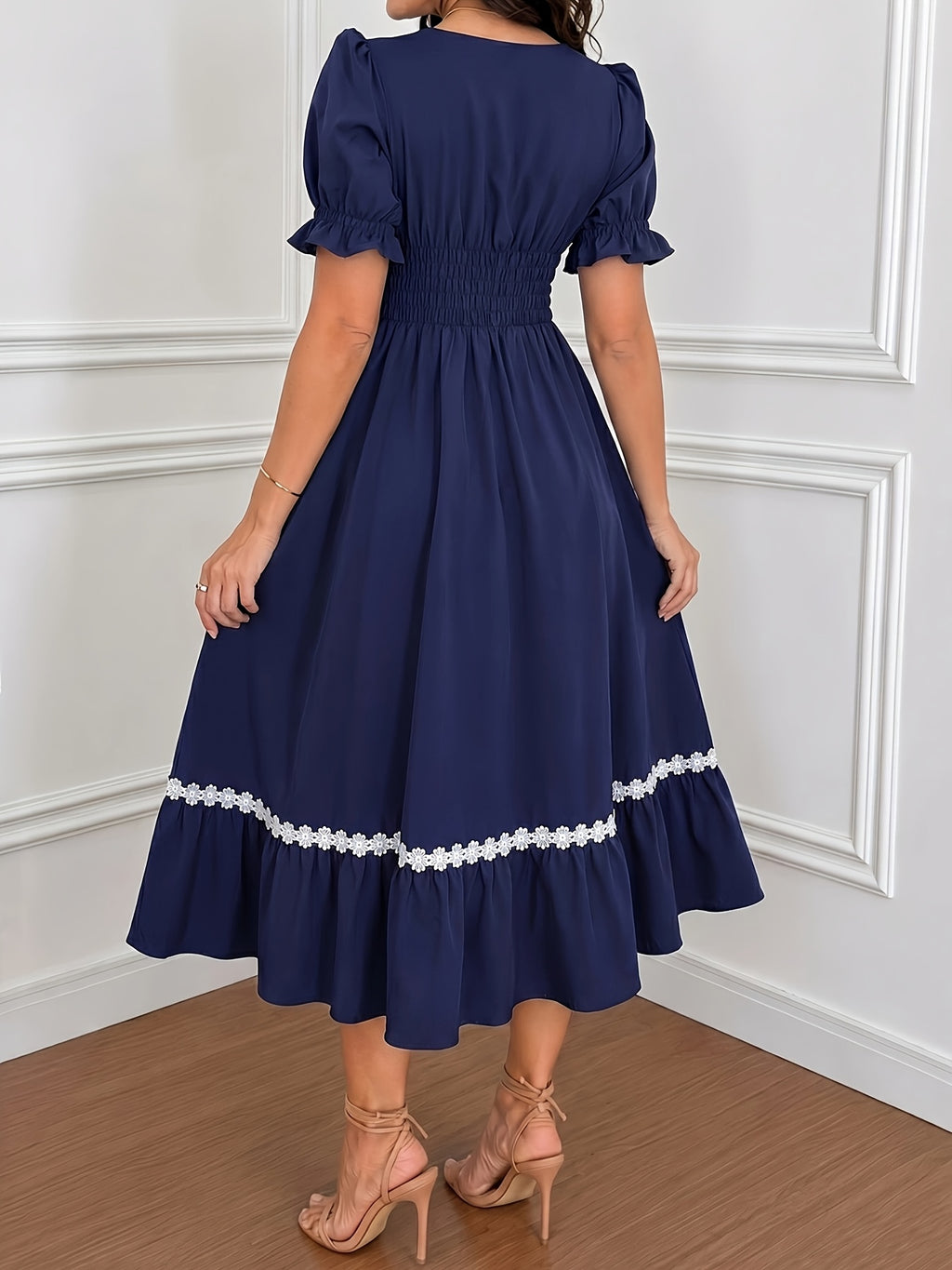 Women's Ombre Color Casual Elegant Vacation Wrap-Front Waist-Cinching A-Line Lace Trim Dress