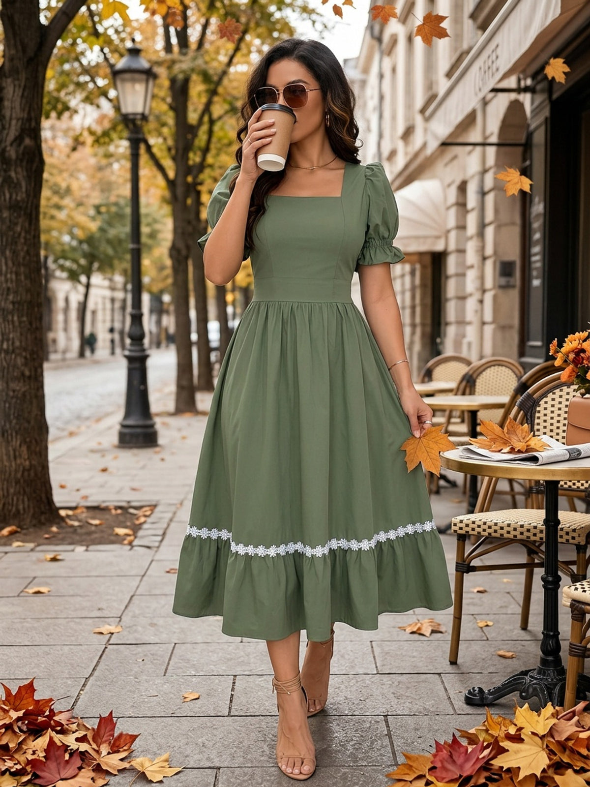 Women's Ombre Color Casual Elegant Vacation Wrap-Front Waist-Cinching A-Line Lace Trim Dress