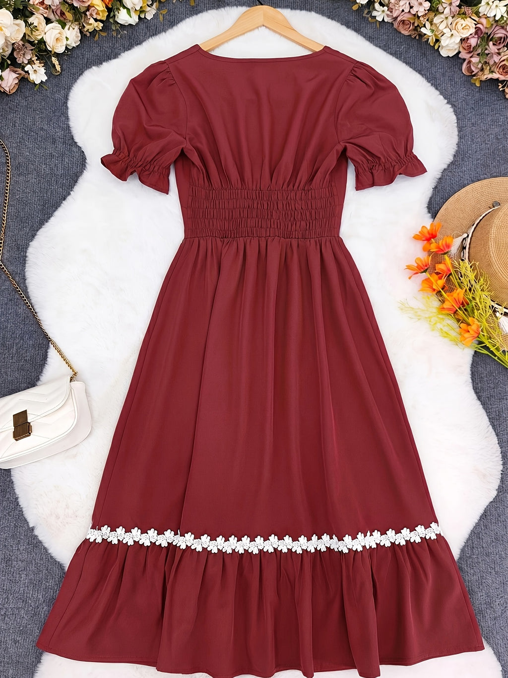Women's Ombre Color Casual Elegant Vacation Wrap-Front Waist-Cinching A-Line Lace Trim Dress