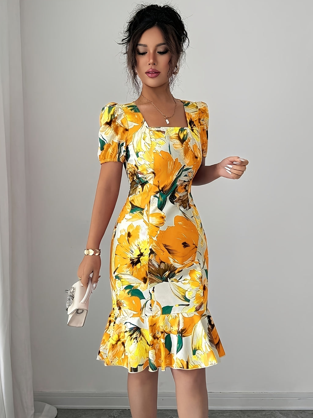 Elegant Square Neck Puff Sleeve Cinched Waist Ruffled Retro Vacation Floral Dress