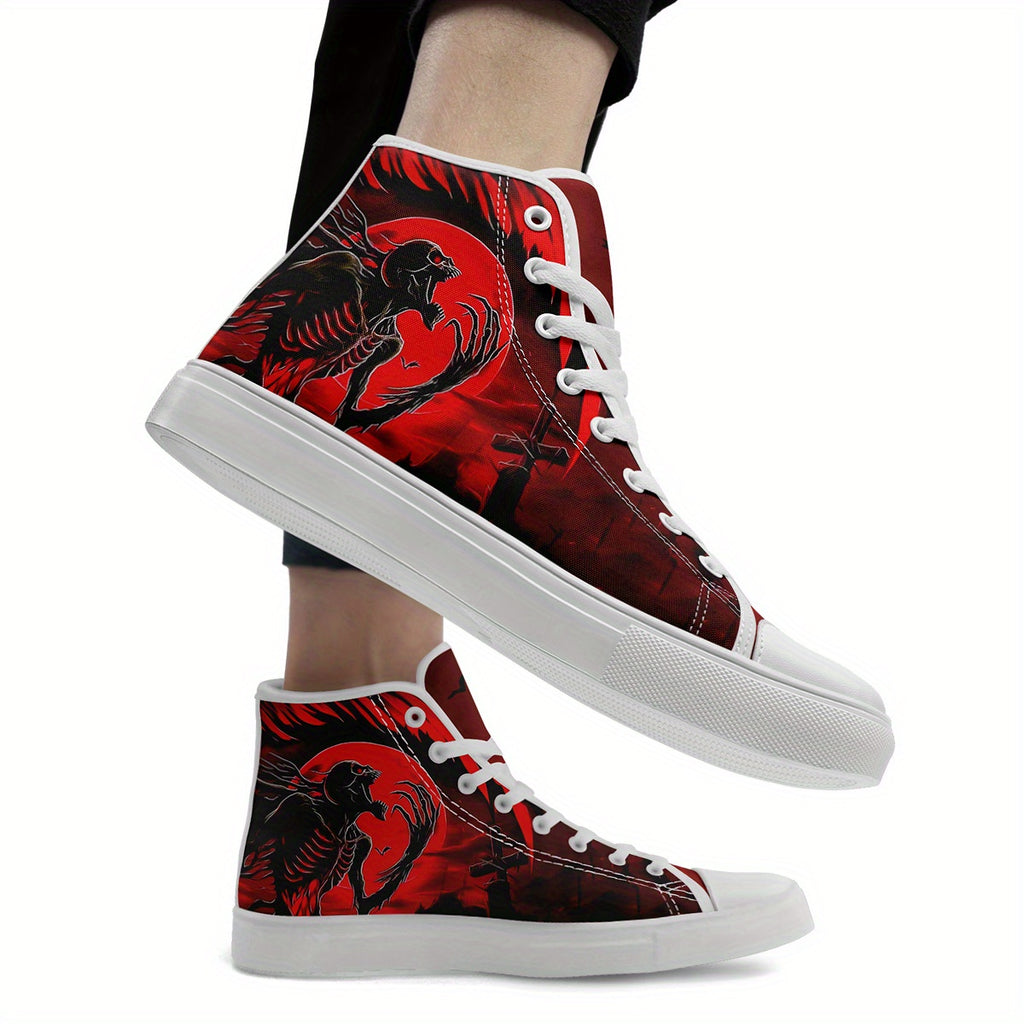 Men's Gothic High-Top Sneakers, Gothic Skull Design Streetwear Shoes, Casual Fashion Lace-Up Trainers, Men's Punk Trendy Shoes
