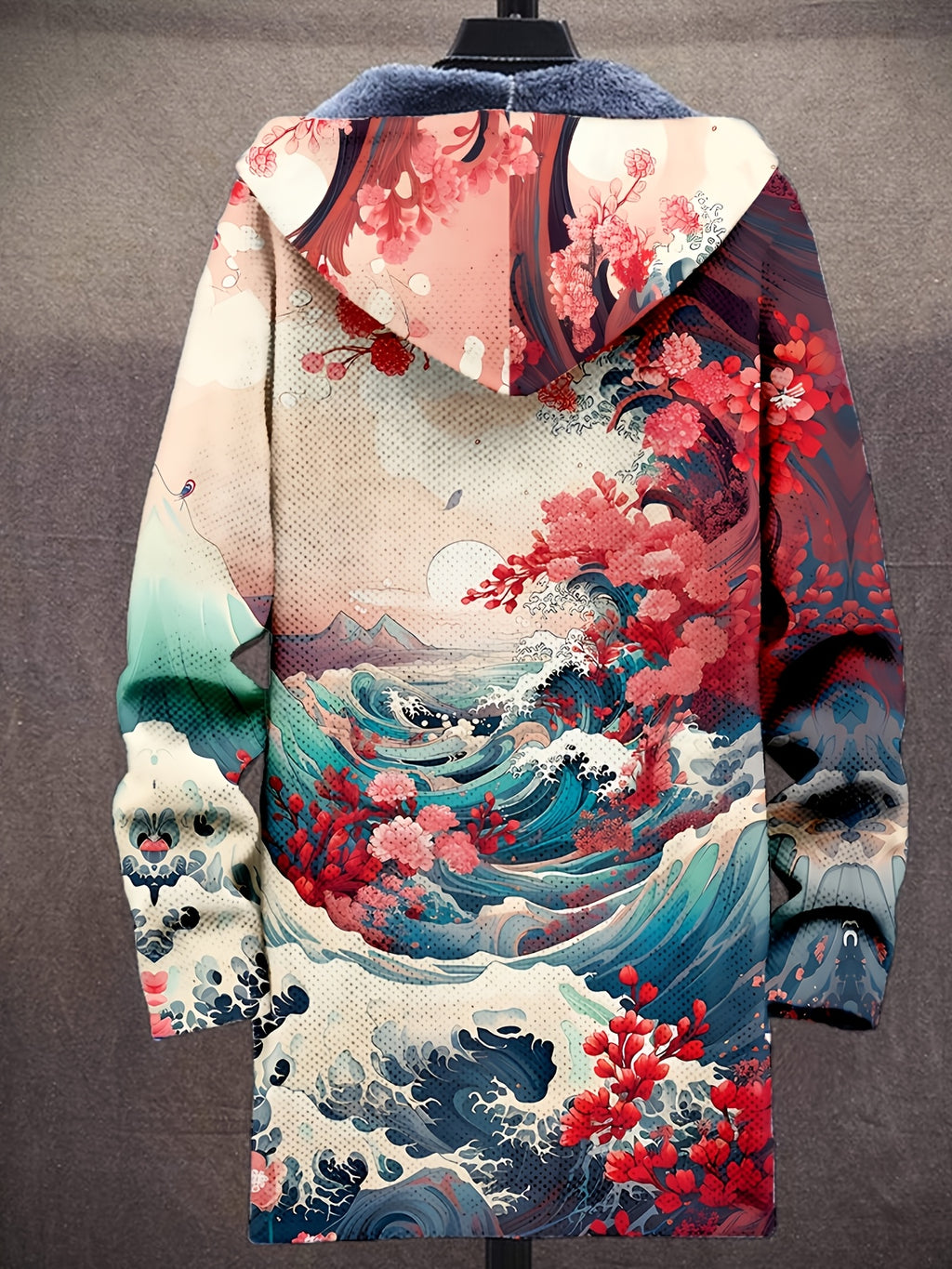 Japanese Art Wave Pattern Printed Fashion Men's Thick Winter Warm Zipper Hooded Coat