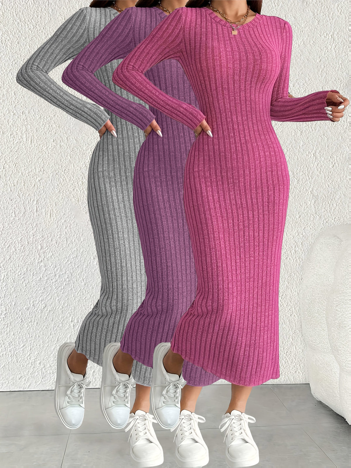 3pcs Solid Color Long Sleeve Ribbed Pullover Dress for Women