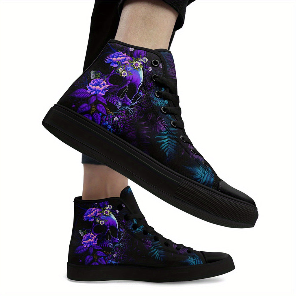 Men's Gothic High-Top Sneakers • Purple Skull Design Gothic Streetwear Shoes • Casual Fashion Lace-Up Trainers • Men's Punk Trendy Shoes