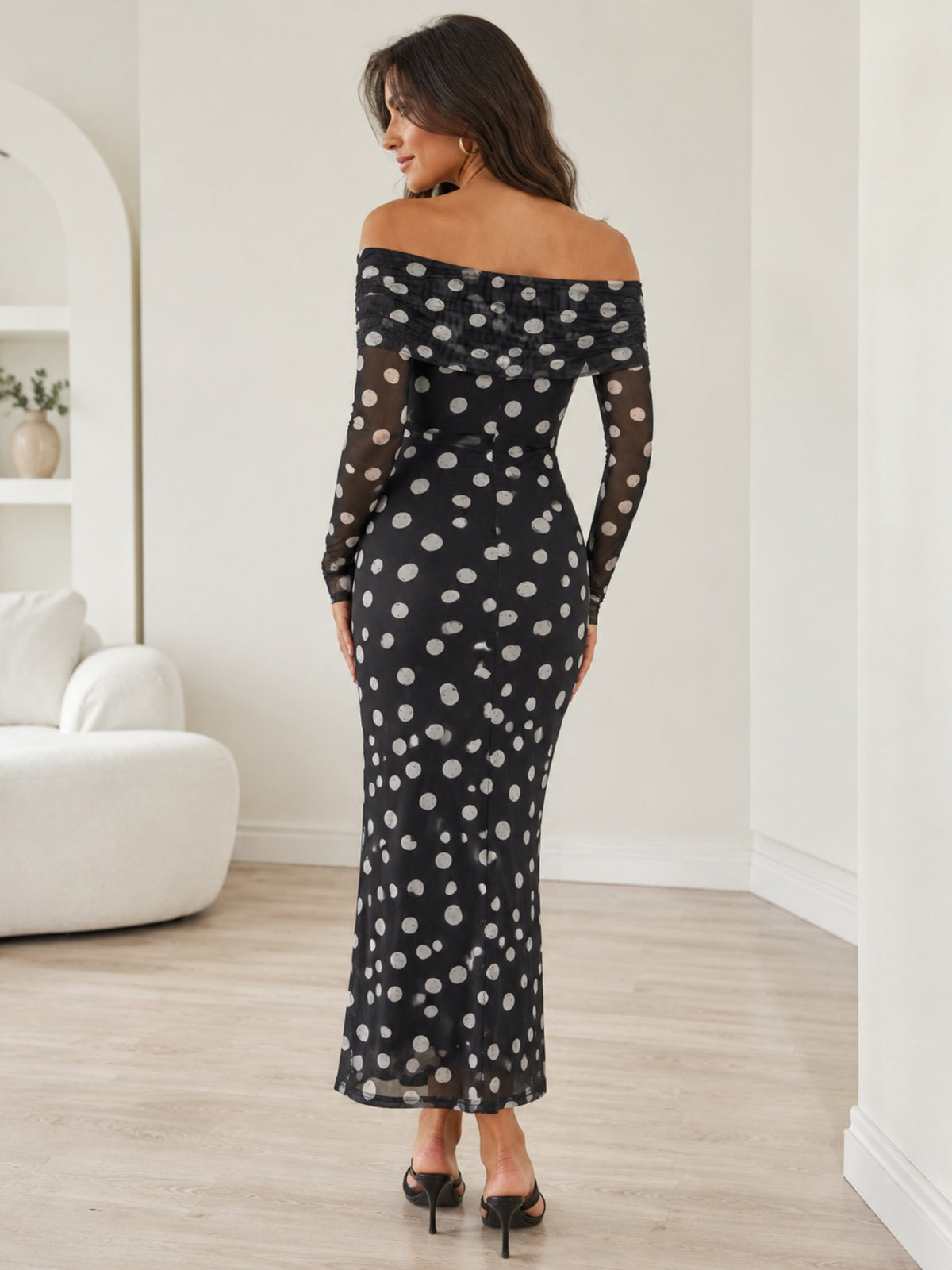 Women's Off Shoulder Polka Dot Mesh Midi Dress, Long Sleeve Ruched Bodycon Sheer Mesh Party Maxi Dress