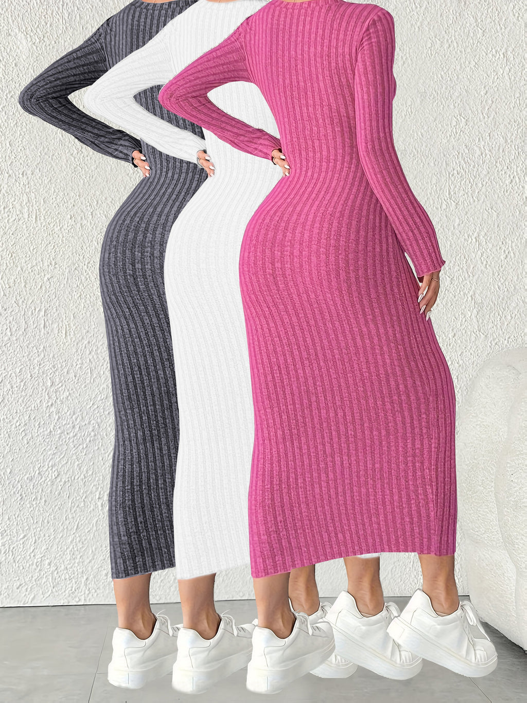3pcs Solid Color Long Sleeve Ribbed Pullover Dress for Women