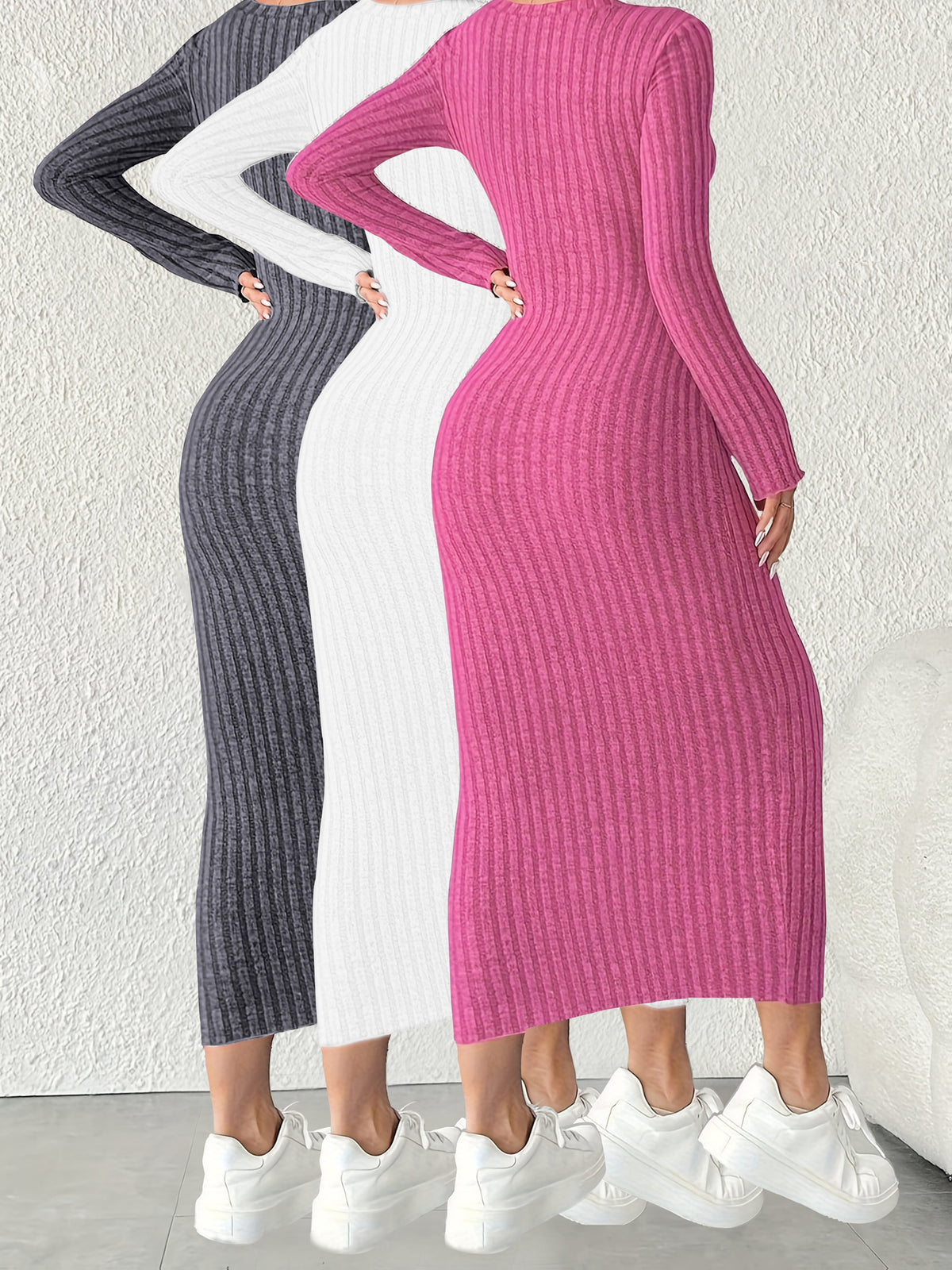 3pcs Solid Color Long Sleeve Ribbed Pullover Dress for Women