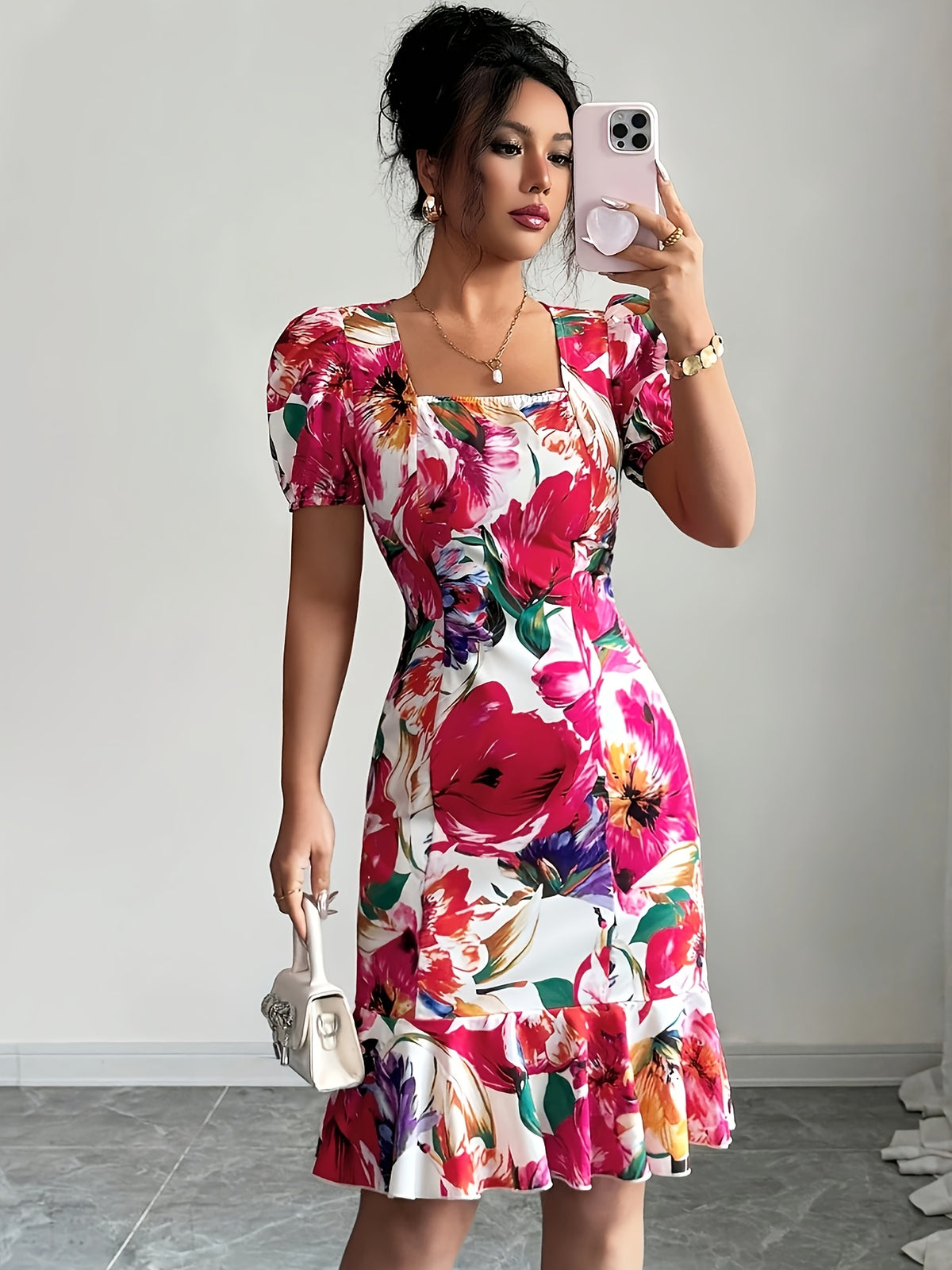 Elegant Square Neck Puff Sleeve Cinched Waist Ruffled Retro Vacation Floral Dress