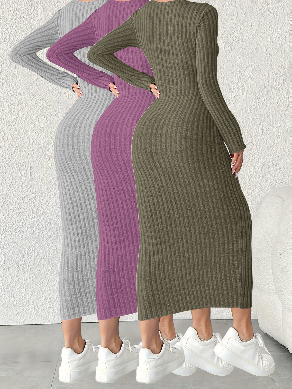 3pcs Solid Color Long Sleeve Ribbed Pullover Dress for Women