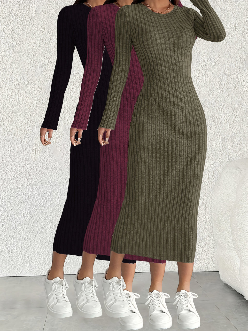 3pcs Solid Color Long Sleeve Ribbed Pullover Dress for Women