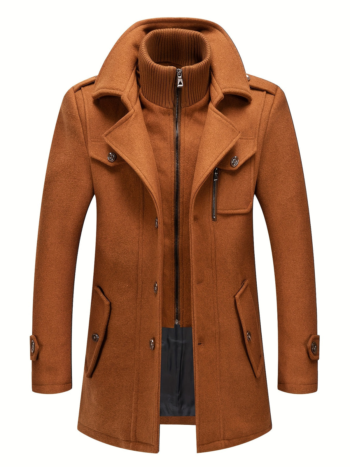 Men's Stand Collar Fleece Blend Pea Coats with Removable Inner Collar Single Breasted Overcoat