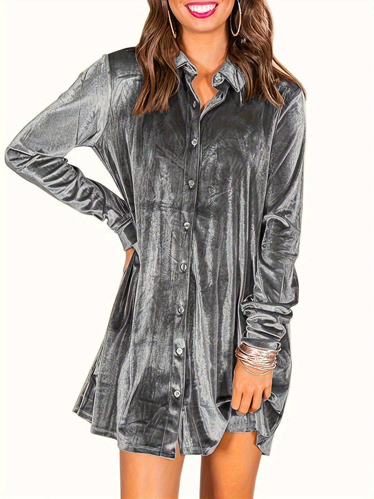 Women's Elegant Lapel Collar Button- Dress - Mini Length Long Sleeve Solid Color Tunic Top Dress Suitable for Parties, Office & Semi-Formal Events