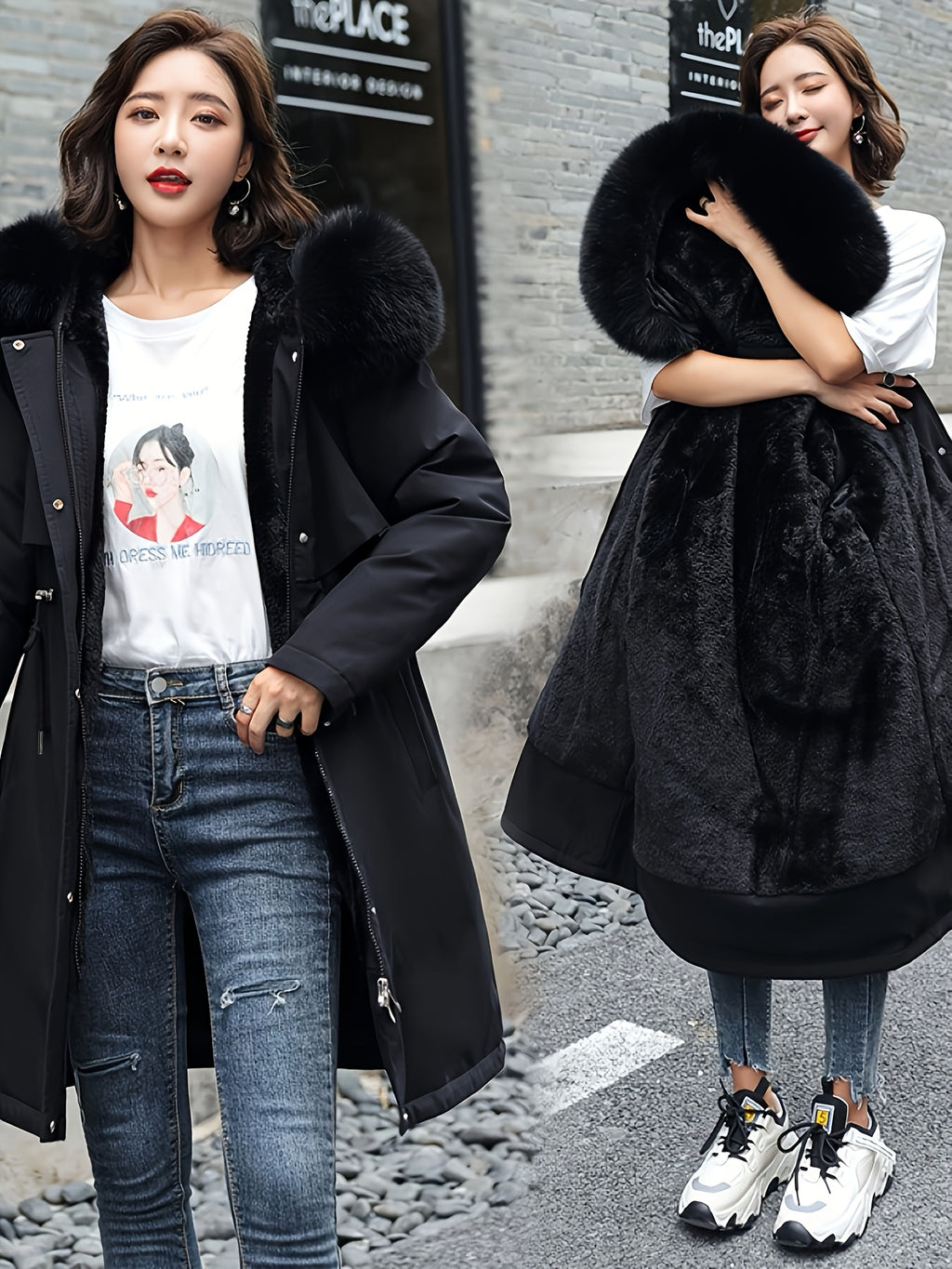 Winter New Mid-Length Fleece-Lined Vest Coat Trendy Women'S Coat Removable Collar