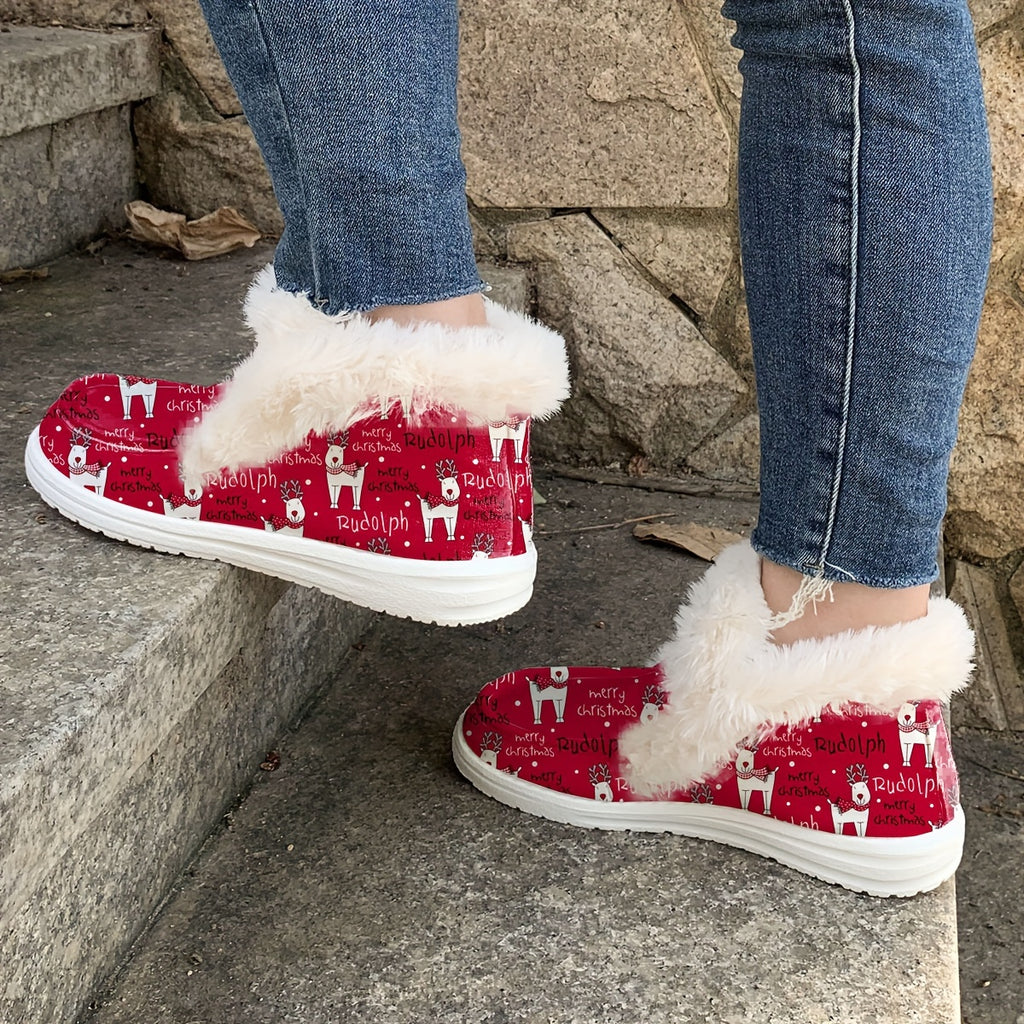 Christmas Autumn/Winter New Red Faux Fur Boots for Men and Women, Classic Style with Christmas Snowflake and Reindeer Gift Print, Warm, Comfortable, Lightweight, Soft-Sole Slip-On Flat Casual Shoes