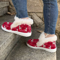 Christmas Autumn/Winter New Red Faux Fur Boots for Men and Women, Classic Style with Christmas Snowflake and Reindeer Gift Print, Warm, Comfortable, Lightweight, Soft-Sole Slip-On Flat Casual Shoes