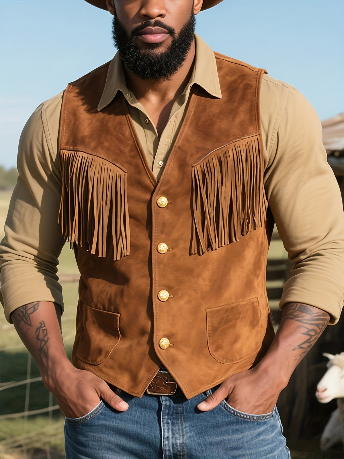 Men'S Vintage Fringed Western Faux Vest Jacket | Casual Style, Cardigan Collar, Solid Color, Short Length, No Lining.