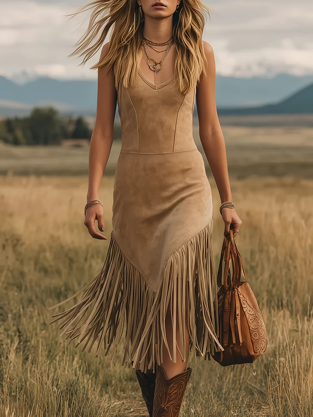 [Retro Western Dress] Fashion Retro Western Style Deerskin Velvet Tassel V-Neck Dress Women's Dress YTD Cherry