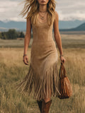 [Retro Western Dress] Fashion Retro Western Style Deerskin Velvet Tassel V-Neck Dress Women's Dress YTD Cherry