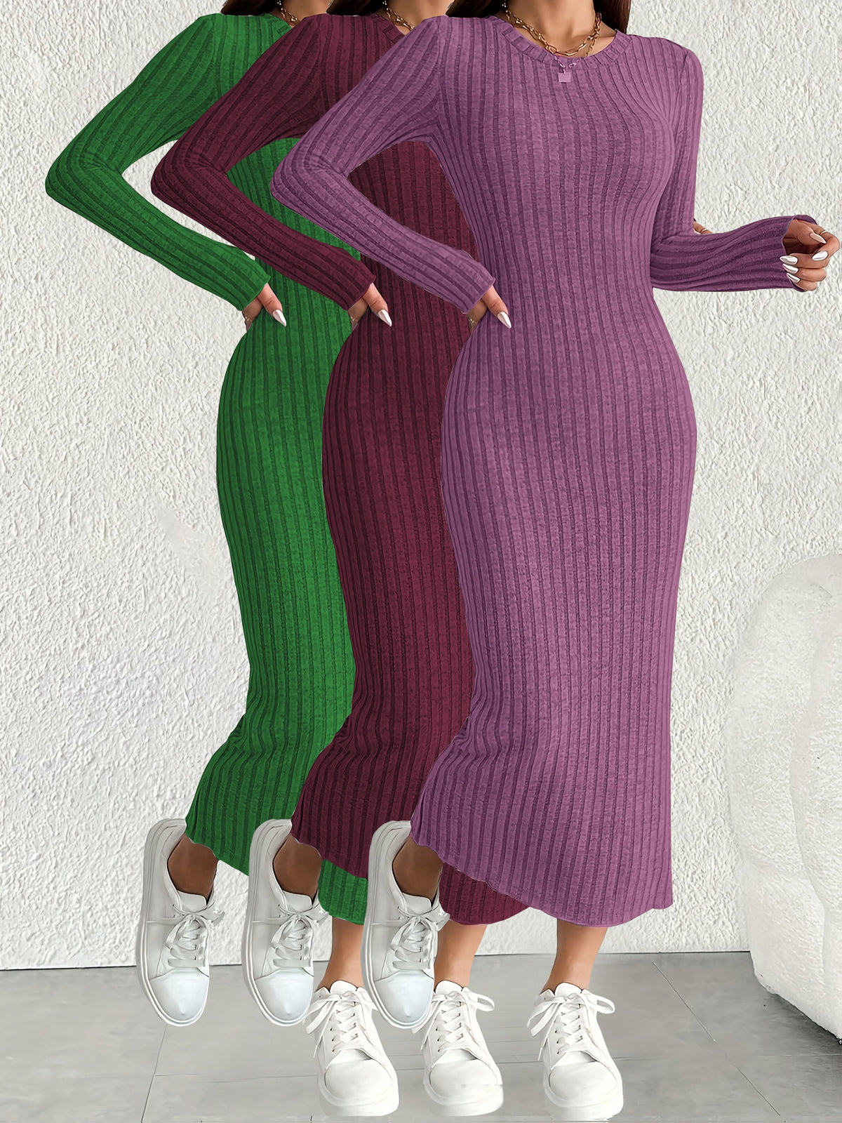 3pcs Solid Color Long Sleeve Ribbed Pullover Dress for Women