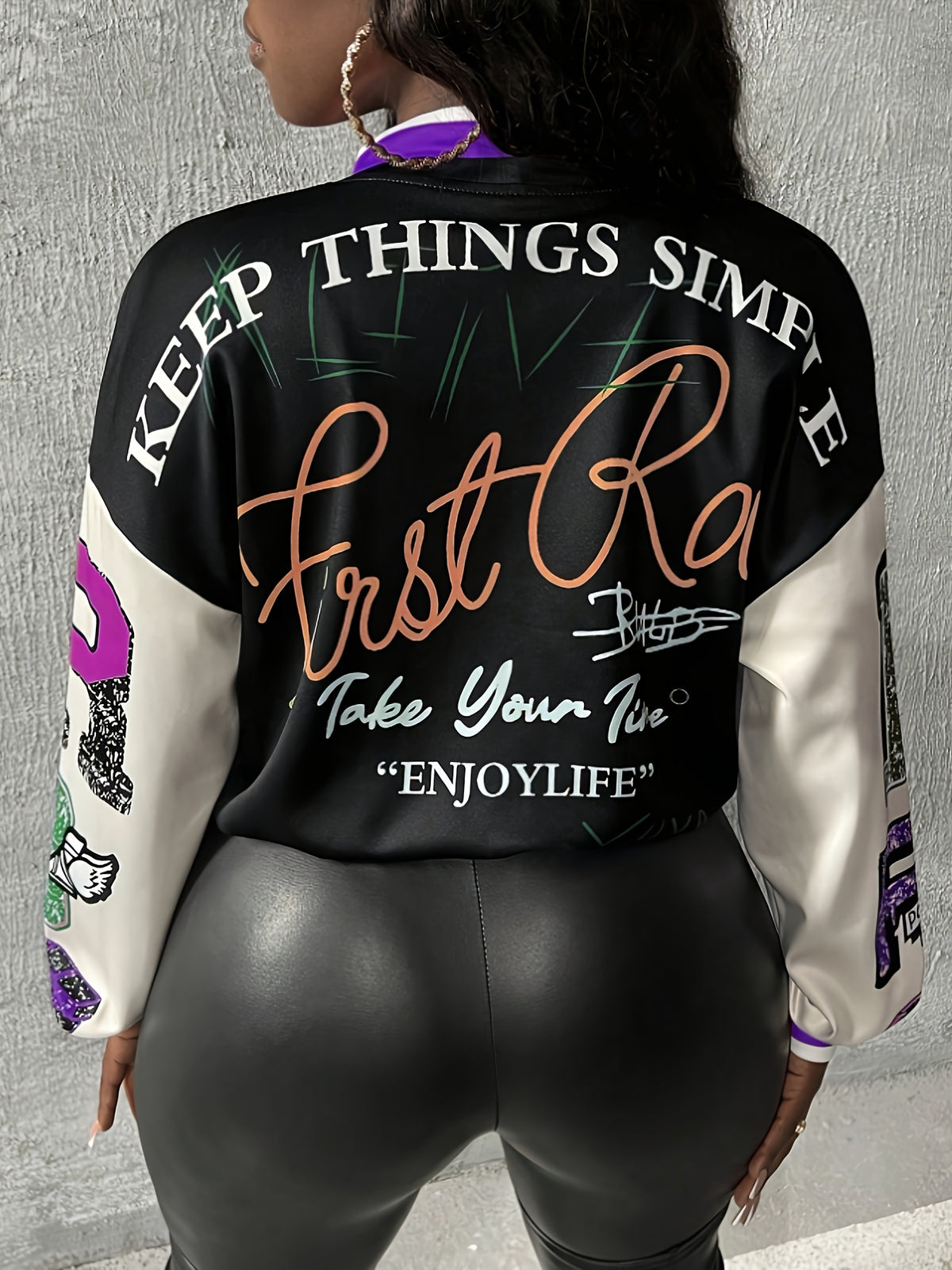 [Elegant Baseball Jacket] ZD0815155 Women's Elegant Spring/Autumn Contrast Color Placement Print Baseball Jacket Casual Lightweight Jacket Outerwear