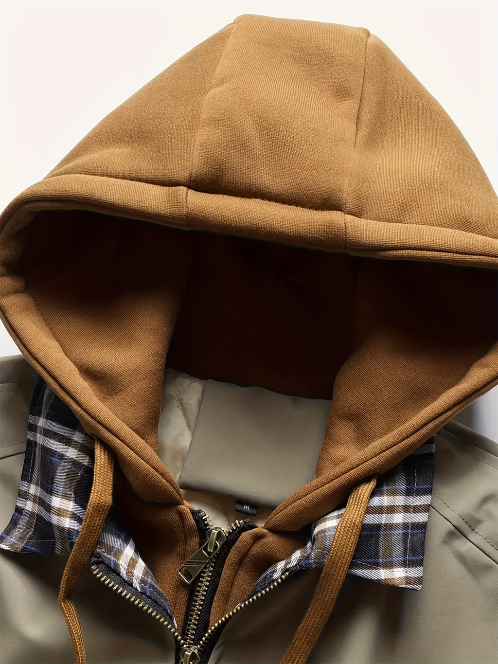 Men's plaid hooded zipper jacket - casual loose fit, brown and black plaid pattern, drawstring hat, long sleeves, polyester lining, perfect for spring, autumn and winter | autumn and winter jacket | plaid pattern jacket | zipper jacket, Outdoor