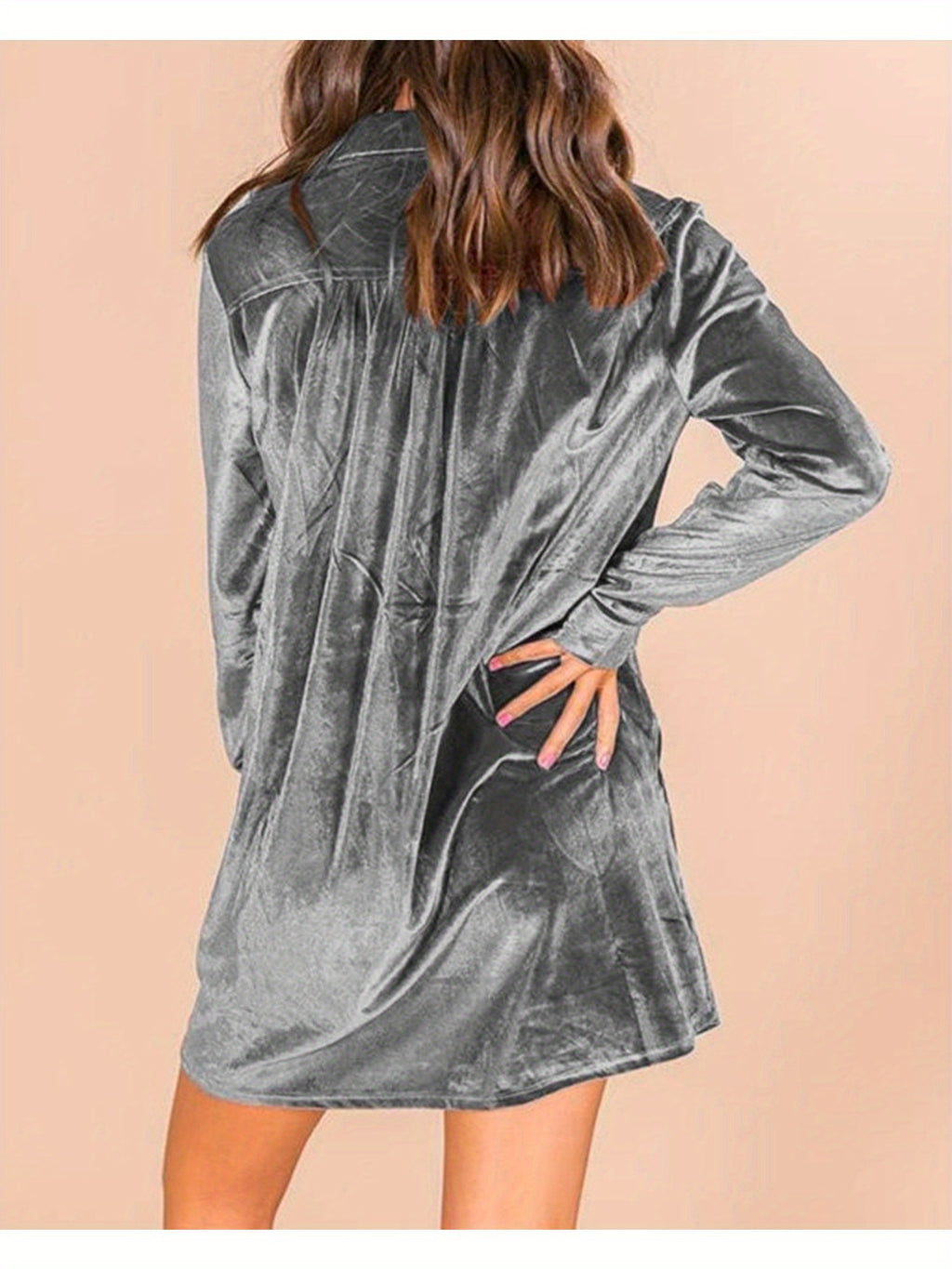 Women's Elegant Lapel Collar Button- Dress - Mini Length Long Sleeve Solid Color Tunic Top Dress Suitable for Parties, Office & Semi-Formal Events