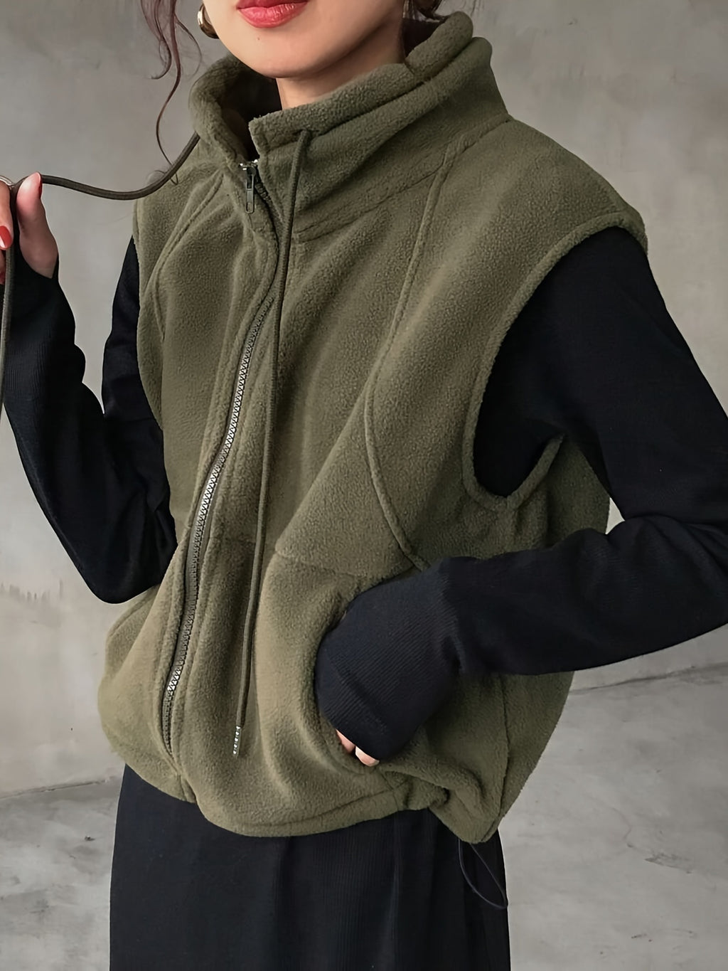 Drawstring Pocket Zipper Casual Vest