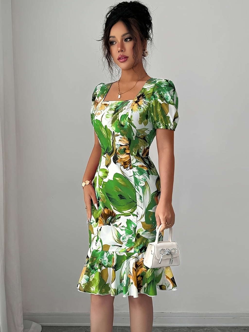 Elegant Square Neck Puff Sleeve Cinched Waist Ruffled Retro Vacation Floral Dress