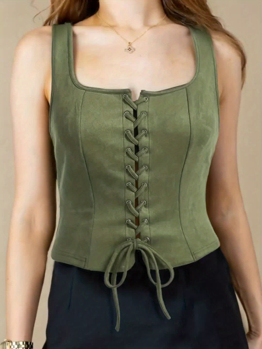 Vintage Elegant Lace-Up Drawstring Top Vest
