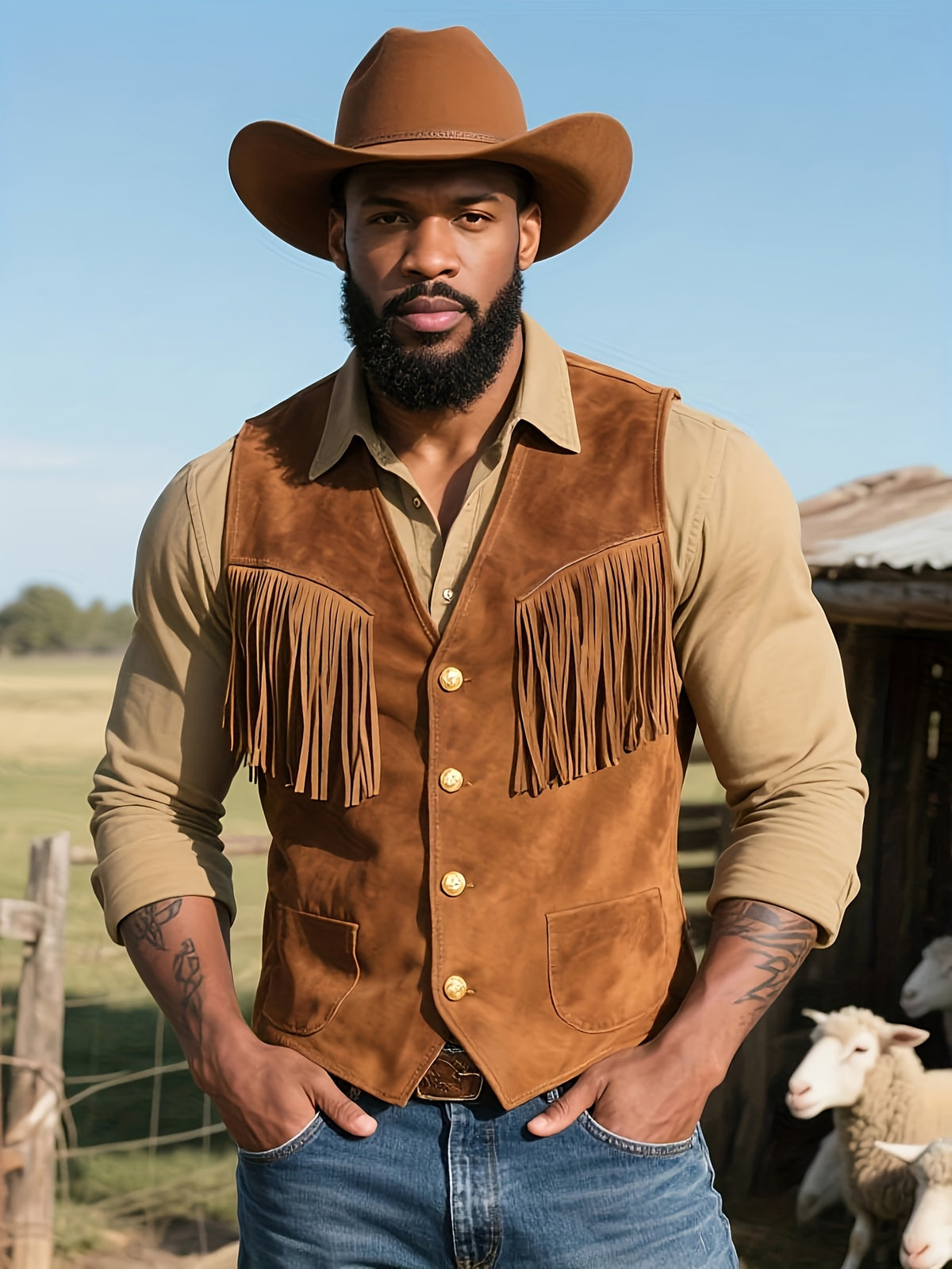 Men'S Vintage Fringed Western Faux Vest Jacket | Casual Style, Cardigan Collar, Solid Color, Short Length, No Lining.