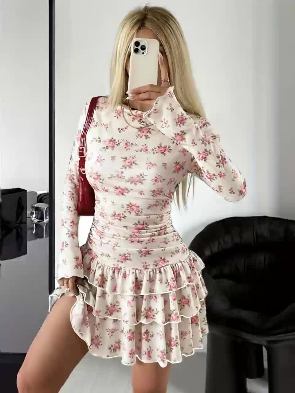 Women's Spring/Autumn New Floral Print Round Neck Ruffle Sleeve Slim Fit Dress