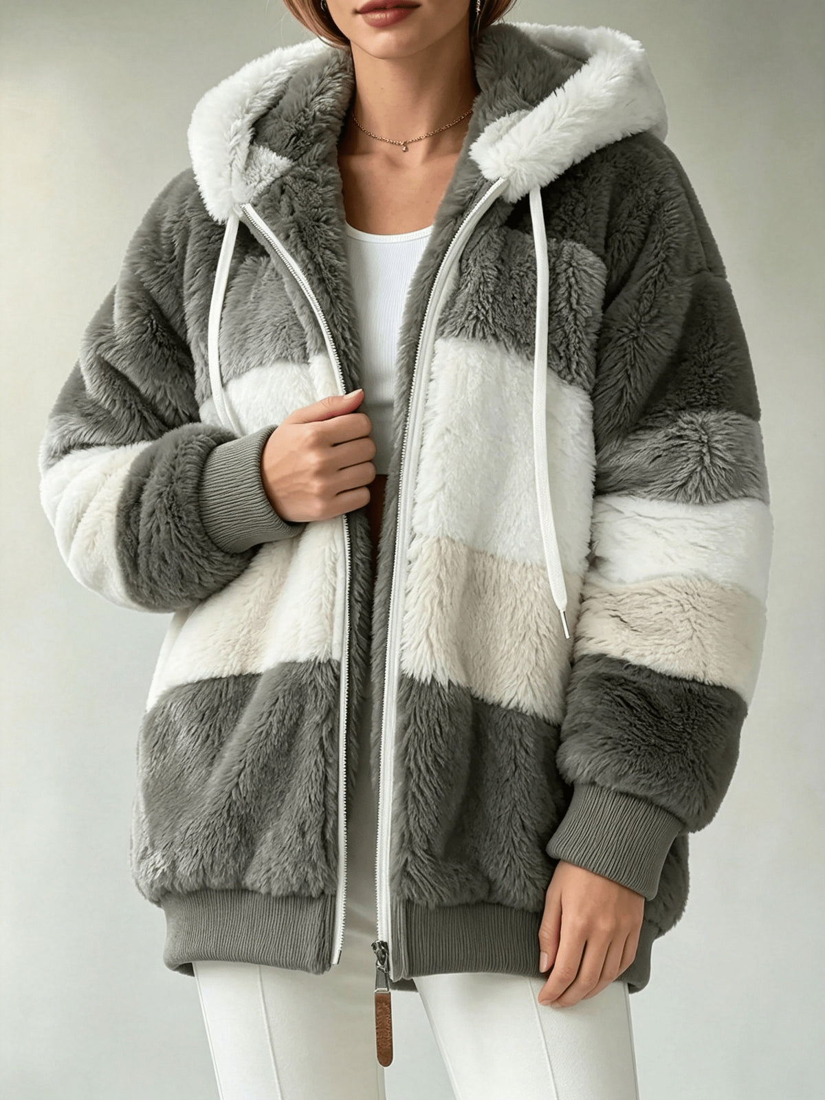 Women's Coats, Women's Color-block Striped Hooded Zip Teddy Coat, Loose Outerwear Made Of Fluffy Faux with Multi-tone Splicing, Drawstring Hood with Pockets, Warm Plush Coat for Winter